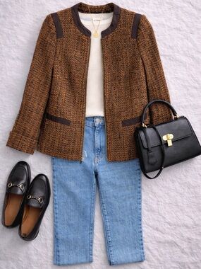 Jones New York Tweed Blazer Jacket Brown Wool Blend Zip Front Women’s 6 Classic